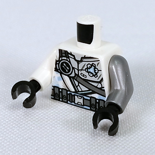 Visuel indicatif Rebrickable de Torse, bras impairs, robe, sangle gris bleuté foncé, placage d'armure gris bleuté clair, motif imprimé ceinture utilitaire (Zane), bras argenté plat gauche, bras blanc droit, mains noires (Torso, Odd Arms, Robe, Dark Bluish Gray Strap, Light Bluish Grey Armour Plating, Utility Belt Print (Zane), Left Flat Silver Arm, Right White Arm, Black Hands)