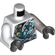 Visuel indicatif Rebrickable de Torse, bras impairs, composants nindroïdes et logo de glace motif imprimé, bras plat gauche en argent, bras blanc droit, mains noires (Torso, Odd Arms, Nindroid Components and Ice Logo Print, Left Flat Silver Arm, Right White Arm, Black Hands)