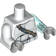 Torse, bras impairs, soldat clone d'armure avec motif imprimé de ceinture diagonale beige foncée (jek-14), bras bleu transparent-clair gauche avec motif imprimé de foudre, bras blanc droit, mains gris bleuté clair (Torso, Odd Arms, Armor Clone Trooper with Dark Tan Diagonal Belt Print (Jek-14), Left Trans-Light Blue Arm with Lightning Print, Right White Arm, Light Bluish Gray Hands)