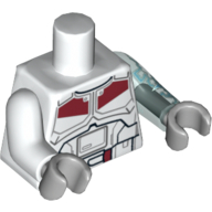Visuel indicatif Rebrickable de Torse, bras impairs, ceinture noire d'armure et marques rouge foncé motif imprimé, bras bleu transparent-clair gauche avec motif imprimé par la foudre, bras blanc droit, mains gris bleuté clair (Torso, Odd Arms, Armor Black Belt and Dark Red Markings Print, Left Trans-Light Blue Arm with Lightning Print, Right White Arm, Light Bluish Gray Hands)