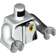 Visuel indicatif Rebrickable de Torse, bras impairs, veste de course avec logo Ferrari motif imprimé, bras noir gauche, bras blanc droit, mains gris bleuâtre clair (Torso, Odd Arms, Racing Jacket with Ferrari Logo Print, Left Black Arm, Right White Arm, Light Bluish Gray Hands)