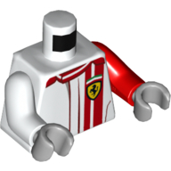 Torse, bras impairs, veste de course avec logo Ferrari, motif imprimé rayures rouges, bras rouge gauche, bras blanc droit, mains gris clair bleuâtre (Torso, Odd Arms, Racing Jacket with Ferrari Logo, Red Stripes Print, Left Red Arm, Right White Arm, Light Bluish Gray Hands)