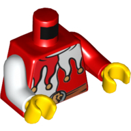 Torse, bras impairs, costume de bouffon, col rouge et blanc, tête de lion sur motif imprimé boucle, bras rouge gauche, bras blanc droit, mains jaunes (Torso, Odd Arms, Jester Costume, Red and White Collar, Lion head on Buckle Print, Left Red Arm, Right White Arm, Yellow Hands)