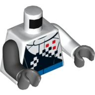 Visuel indicatif Rebrickable de Torse, bras impairs, veste de course avec motif imprimé à damier, bras blanc gauche, bras noir droit, mains gris bleuté foncé (Torso, Odd Arms, Racing Jacket with Checkered Print, Left White Arm, Right Black Arm, Dark Bluish Gray Hands)