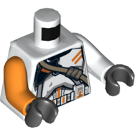 Visuel indicatif Rebrickable de Torse, bras impairs, armure avec des marques orange et motif imprimé de ceinture de beige foncé (colongue clone aéroportée), bras blanc gauche, bras orange droit, mains noires (Torso, Odd Arms, Armour with Orange Markings and Dark Tan Belt Print (Airborne Clone Trooper), Left White Arm, Right Orange Arm, Black Hands)