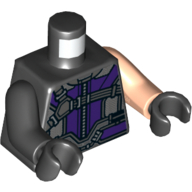 Torse, bras impairs, combinaison avec panneaux violet foncé, sangles motif imprimé, bras nougat clair gauche, bras noir droit, mains noires (Torso, Odd Arms, Jumpsuit with Dark Purple Panels, Straps Print, Left Light Nougat Arm, Right Black Arm, Black Hands)