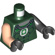 Visuel indicatif Rebrickable de Torse, bras impairs, muscles, logo lanterne verte, motif imprimé chaîne grise, bras noir gauche, bras nougat clair droite, mains noires (Torso, Odd Arms, Muscles, Green Lantern Logo, Gray Chain Print, Left Black Arm, Right Light Nougat Arm, Black Hands)