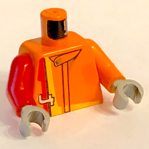 Visuel indicatif Rebrickable de Torse, bras impairs, veste de course avec '4' avec motif imprimé rouge et jaune, bras gauche orange, bras droit rouge, mains gris foncé (Torso, Odd Arms, Racing Jacket with '4' with Red and Yellow Stripe Print, Left Orange Arm, Right Red Arm, Dark Gray Hands)