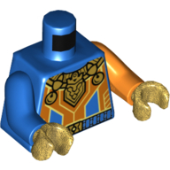 Torse, bras impairs, armure avec panneaux orange, fermoirs dorés et motif imprimé emblème, bras orange gauche, bras bleu droit, mains or nacré (Torso, Odd Arms, Armor with Orange Panels, Gold Clasps and Emblem Print, Left Orange Arm, Right Blue Arm, Pearl Gold Hands)