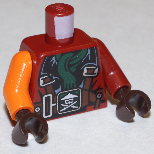 Torse, bras impairs, veste avec harnais, crâne ninja avec épées croisées, motif : écharpe vert foncé, bras gauche rouge foncé, bras orange droit, mains brun foncé (Torso, Odd Arms, Jacket with Harness, Ninja Skull with Crossed Swords, Dark Green Scarf Print, Left Dark Red Arm, Right Orange Arm, Dark Brown Hands)