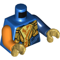 Torse, bras impairs, armure avec plaques d'or, motif imprimé de bouclier de faucon jaune et orange, bras bleu foncé gauche, bras orange droit, mains or nacré (Torso, Odd Arms, Armor with Gold Plates, Yellow and Orange Falcon Shield Print, Left Dark Blue Arm, Right Orange Arm, Pearl Gold Hands)