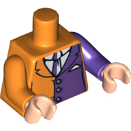 Torse, bras impairs, veste de costume avec demi-panneau violet foncé et motif imprimé cravate, bras violet foncé gauche, bras orange droit, mains nougat clair (Torso, Odd Arms, Suit Jacket with Dark Purple Half Panel and Tie Print, Left Dark Purple Arm, Right Orange Arm, Light Nougat Hands)