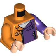Visuel indicatif Rebrickable de Torse, bras impairs, veste avec demi-panneau violet foncé, poches et fermetures à glissière motif imprimé, bras violet foncé gauche, bras orange droit, mains nougat clair (Torso, Odd Arms, Jacket with Dark Purple Half Panel, Pockets and Zippers Print, Left Dark Purple Arm, Right Orange Arm, Light Nougat Hands)