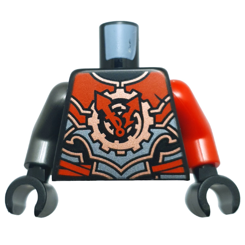 Torse, Bras impairs, Armure rouge/argent/cuivre, engrenages/horloge avec cadran rouge motif imprimé, Bras gauche rouge, Bras droit en titane perle, mains noires (Torso, Odd Arms, Red/Silver/Copper Armor, Gears/Clock with Red Dials Print, Left Red Arm, Right Pearl Titanium Arm, Black Hands)