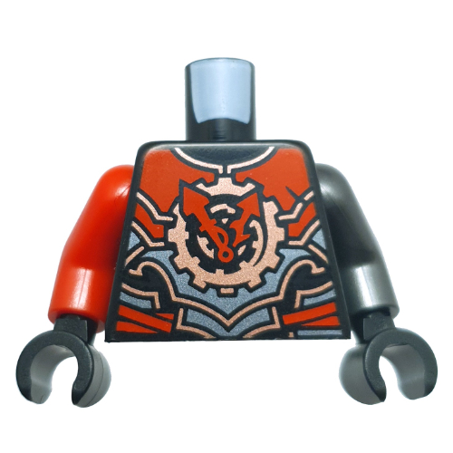 Torse, Bras impairs, Armure rouge/argent/cuivre, engrenages/horloge avec cadrans rouges motif imprimé, bras gauche en titane perle, bras rouge droit, mains noires (Torso, Odd Arms, Red/Silver/Copper Armor, Gears/Clock with Red Dials Print, Left Pearl Titanium Arm, Right Red Arm, Black Hands)