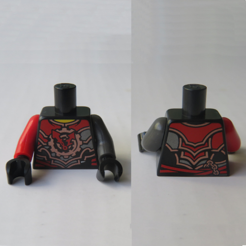 Torse, bras impairs, armure avec plaques de rouge et de cuivre, engrenage avec motif imprimé aiguilles d'horloge, bras gauche en titane perle, bras rouge droit, mains noires (Torso, Odd Arms, Armor with Red and Copper Plates, Gear with Clock Hands Print, Left Pearl Titanium Arm, Right Red Arm, Black Hands)
