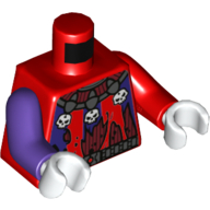 Visuel indicatif Rebrickable de Torse, bras impairs, déguisement de bouffeur, en lambeaux avec rayures violet foncé, sous-chemise rouge foncé, collier crâne motif imprimé (Jestro), bras rouge gauche, bras violet foncé droit, mains blanches (Torso, Odd Arms, Jester Costume, Tattered with Dark Purple Stripes, Dark Red Undershirt, Skull Necklace Print (Jestro), Left Red Arm, Right Dark Purple Arm, White Hands)