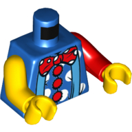 Visuel indicatif Rebrickable de Torse, bras impairs, chemise à pois blancs, 3 boutons rouges, bretelles bleues, noeud papillon rouge à pois motif imprimé, bras gauche rouge, bras droit jaune, mains jaunes (Torso, Odd Arms, Shirt with White Polka Dots, 3 Red Buttons, Blue Suspenders, Red Polka Dot Bow Tie Print, Left Red Arm, Right Yellow Arm, Yellow Hands)