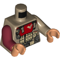 Torse, Bras impairs, Armure avec grand col rouge, Ceinture avec pochettes motif imprimé (Baze Malbus), Bras beige foncé gauche, Bras Rouge foncé droit, mains nougat (Torso, Odd Arms, Armor with Large Red Collar, Belt with Pouches Print (Baze Malbus), Left Dark Tan Arm, Right Dark Red Arm, Nougat Hands)