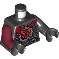 Visuel indicatif Rebrickable de Torse, bras impairs, armure, rouge foncé, argent et cuivre, avec horloge et sablier motif imprimé, bras gauche en titane perle, bras rouge foncé droit, mains noires (Torso, Odd Arms, Armor, Dark Red, Silver and Copper, with Gear Clock and Hourglass Print, Left Pearl Titanium Arm, Right Dark Red Arm, Black Hands)