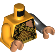 Visuel indicatif Rebrickable de Torse, bras impairs, armure, or, épaule gauche nue avec motif imprimé de fourrure de singe, bras noir gauche, bras orange lumineux droit, mains de nougat (Torso, Odd Arms, Armor, Gold, Bare Left Shoulder with Monkey Fur Print, Left Black Arm, Right Bright Light Orange Arm, Nougat Hands)
