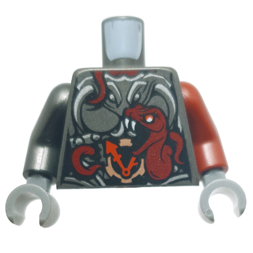 Visuel indicatif Rebrickable de Torse, bras impairs, armure, serpent rouge et motif imprimé horloge, bras gauche rouge foncé, bras droit en titane perle, mains gris bleuâtre foncé (Torso, Odd Arms, Armor, Red Snake and Clock Print, Left Dark Red Arm, Right Pearl Titanium Arm, Dark Bluish Grey Hands)