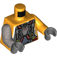 Torse, bras impairs, armure, sangles, araignées sur le devant et le dos motif imprimé, gauche bras orange clair, bras argent plat droit, mains gris bleuté foncé (Torso, Odd Arms, Armor, Straps, Spiders on Front and Back Print, Left Bright Light Orange Arm, Right Flat Silver Arm, Dark Bluish Gray Hands)