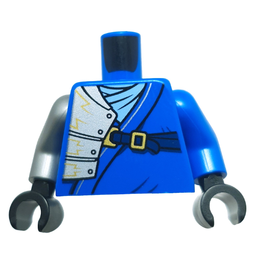 Torse, bras impairs, armure argentée sur bras droit, or clair, motif imprimé bracelet bleu foncé, bras bleu gauche, bras argent plat droit, mains noires (Torso, Odd Arms, Silver Armor over Right Arm, Gold Lightning, Dark Blue Strap Print, Left Blue Arm, Right Flat Silver Arm, Black Hands)