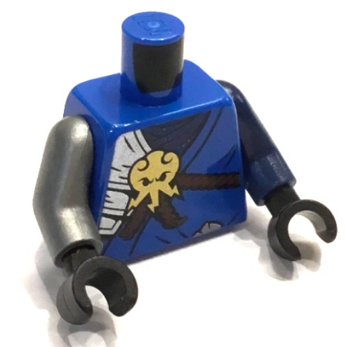 Visuel indicatif Rebrickable de Torse, bras impairs, robe, emblème en or, fourreau brun rougeâtre imprimé, bras bleu foncé gauche, bras argent plat droit, mains noires (Torso, Odd Arms, Robe, Gold Emblem, Reddish Brown Scabbards Print, Left Dark Blue Arm, Right Flat Silver Arm, Black Hands)
