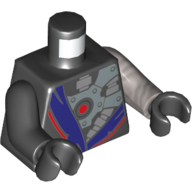 Visuel indicatif Rebrickable de Torse, bras impairs, robe et plaques métalliques avec tubes et motif imprimé cercle rouge, bras plat gauche en argent, bras noir droit, mains noires (Torso, Odd Arms, Robe and Metal Plates with Tubes and Red Circle Print, Left Flat Silver Arm, Right Black Arm, Black Hands)