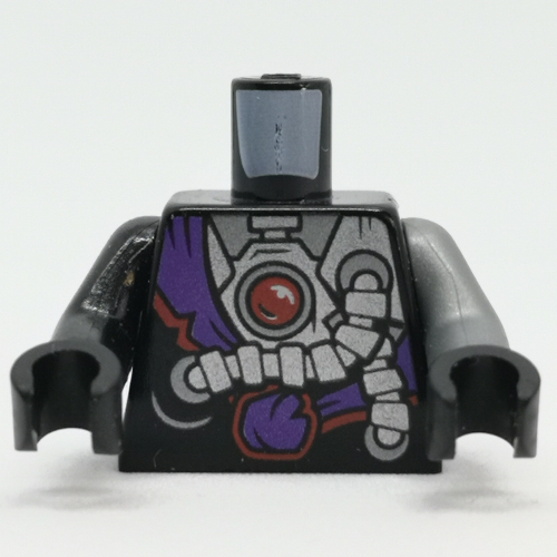 Visuel indicatif Rebrickable de Torse, bras impairs, ceinture violet foncé, engrenage, motif imprimé à la lumière de la tige, bras argenté plat gauche, bras noir droit, mains noires (Torso, Odd Arms, Dark Purple Sash, Gear, Rod Light Print, Left Flat Silver Arm, Right Black Arm, Black Hands)
