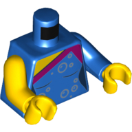 Visuel indicatif Rebrickable de Torse, bras impairs, garniture magenta, motif imprimé de bulles d'argent, bras bleu gauche avec motif imprimé de bulles d'argent, bras jaune droit, mains jaunes (Torso, Odd Arms, Magenta Trim, Silver Bubbles Print, Left Blue Arm with Silver Bubbles Print, Right Yellow Arm, Yellow Hands)