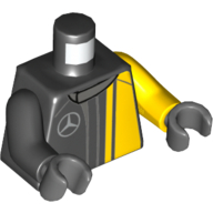 Torse, bras dépareillés, veste de pilote, Mercedes Logo / 'AMG' sur le dos motif imprimé, bras gauche jaune, bras droit noir, mains gris bleuté foncé (Torso, Odd Arms, Racing Jacket, Mercedes Logo / 'AMG' on Back Print, Left Yellow Arm, Right Black Arm, Dark Bluish Gray Hands)