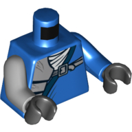 Visuel indicatif Rebrickable de Torse, bras impairs, robe, sous-chemise blanche, poche à l'épaule et motif imprimé ceinture, bras bleu gauche, bras gris bleu clair droit, mains noires (Torso, Odd Arms, Robe, White Undershirt, Shoulder Pouch and Belt Print, Left Blue Arm, Right Light Bluish Gray Arm, Black Hands)