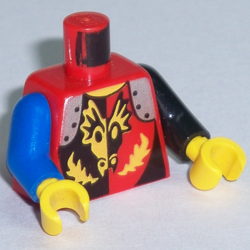 Torse, bras impairs, armure, tête de dragon Respiration Motif imprimé feu, bras noir gauche, bras bleu droit, mains jaunes (Torso, Odd Arms, Armor, Dragon Head Breathing Fire Print, Left Black Arm, Right Blue Arm, Yellow Hands)