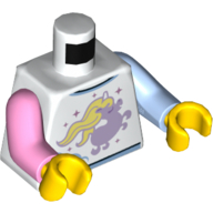 Torse, bras impairs, licorne lavande avec motif imprimé brillante jaune crinière, gauche bras bleu clair vif, bras rose brillant droit, mains jaunes (Torso, Odd Arms, Lavender Unicorn with Bright Light Yellow Mane Print, Left Bright Light Blue Arm, Right Bright Pink Arm, Yellow Hands)
