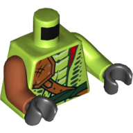 Torse, bras impairs, serpent avec épaule et ceinture vert foncé et motif imprimé de fioles rouges, bras gauche en vert citron, bras droit orange foncé, mains arrière (Torso, Odd Arms, Snake with Shoulder Pad and Dark Green Belt and Red Vials Print, Left Lime Arm, Right Dark Orange Arm, Back Hands)