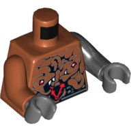 Visuel indicatif Rebrickable de Torse, bras impairs, horloge à engrenages avec aiguilles rouges, têtes de serpent et motif imprimé ceinture argentée, bras gauche en titane perle, bras orange foncé droit, mains gris bleuâtre foncé (Torso, Odd Arms, Gear Clock with Red Hands, Snake Heads, and Silver Belt Print, Left Pearl Titanium Arm, Right Dark Orange Arm, Dark Bluish Gray Hands)