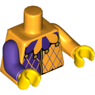 Torse, bras impairs, costume de bouffon, motif : col pourpre foncé et orange clair vif, bras orange lumineux gauche, bras violet foncé droit, mains jaunes (Torso, Odd Arms, Jester Costume, Dark Purple and Bright Light Orange Collar Print, Left Bright Light Orange Arm, Right Dark Purple Arm, Yellow Hands)