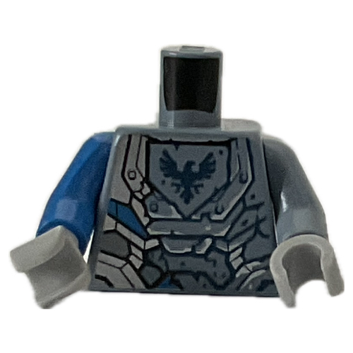 Torse, bras dépareillés, armure avec faucon bleu foncé sur motif imprimé bouclier, bras gauche bleu sable, bras droit bleu, mains gris bleuté clair (Torso, Odd Arms, Armor with Dark Blue Falcon on Shield Print, Left Sand Blue Arm, Right Blue Arm, Light Bluish Gray Hands)