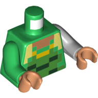 Visuel indicatif Rebrickable de Torse, bras impairs, vert foncé, jaune et Nougat Motif imprimé pixellisé, bras gris bleuté clair gauche, bras vert droit, mains de nougat (Torso, Odd Arms, Dark Green, Yellow, and Nougat Pixelated Print, Left Light Bluish Gray Arm, Right Green Arm, Nougat Hands)