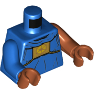 Visuel indicatif Rebrickable de Torse, bras impairs, robes avec plastron doré avec motif imprimé hexagonal orange clair vif, bras orange foncé gauche, bras bleu droit, mains orange foncé (Torso, Odd Arms, Robes with Gold Chestplate with Bright Light Orange Hexagon Symbol Print, Left Dark Orange Arm, Right Blue Arm, Dark Orange Hands)