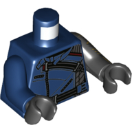 Visuel indicatif Rebrickable de Torse, bras impairs, veste, sangles noires, motif imprimé de fermetures à glissière, bras noir gauche avec motif imprimé de circuit d'or, bras bleu foncé droit, mains noires (Torso, Odd Arms, Jacket, Black Straps, Zippers Print, Left Black Arm with Gold Circuitry Print, Right Dark Blue Arm, Black Hands)