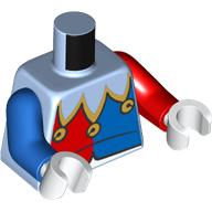 Visuel indicatif Rebrickable de Torse, bras impairs, tenue de bouffon bleu/rouge, cloches motif imprimé, bras gauche rouge, bras droit bleu, mains blanches (Torso, Odd Arms, Blue/Red Jester Outfit, Bells Print, Left Red Arm, Right Blue Arm, White Hands)