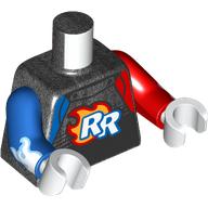 Visuel indicatif Rebrickable de Torse, bras impairs, veste de course avec garniture rouge et bleue, motif imprimé flamboyant 'RR', bras rouge gauche, bras bleu droit, mains blanches (Torso, Odd Arms, Race Jacket with Red and Blue Trim, Flaming 'RR' Print, Left Red Arm, Right Blue Arm, White Hands)