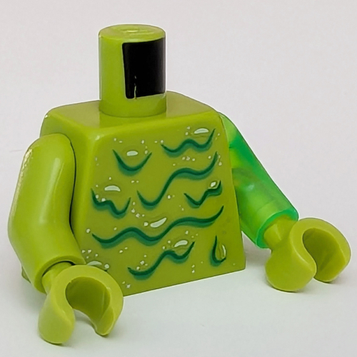 Torse, bras impairs, bandes de slime vert foncé, motif imprimé paillettes, bras vert transparent-brillant gauche, bras de vert citron droite, mains vert citron (Torso, Odd Arms, Dark Green Slime Stripes, Glitter Print, Left Trans-Bright Green Arm, Right Lime Arm, Lime Hands)