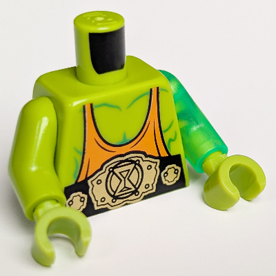 Visuel indicatif Rebrickable de Torse, bras dépareillés, motif : muscles avec débardeur orange et ceinture, bras gauche vert vif transparent, bras droit vert citron, mains vert citron (Torso, Odd Arms, Muscles with Orange Tank Top and Belt Print, Left Trans-Bright Green Arm, Right Lime Arm, Lime Hands)