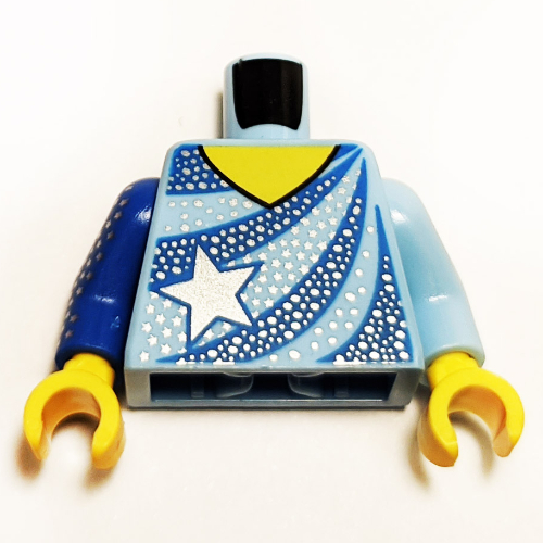 Torse, bras impairs, rayures bleues, étoiles argentées, motif imprimé poitrine nue, bras gauche bleu clair, bras bleu droit, mains jaunes (Torso, Odd Arms, Blue Stripes, Silver Stars, Bare Chest Print, Left Bright Light Blue Arm, Right Blue Arm, Yellow Hands)