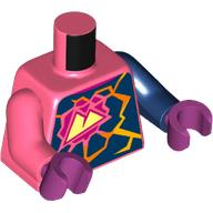 Torse, bras impairs, montagnes jaunes en fleur rose foncé, formes bleu foncé, motif imprimé lave, bras bleu foncé gauche, bras corail droit, mains magenta (Torso, Odd Arms, Yellow Mountains in Dark Pink Flower, Dark Blue Shapes, Lava Print, Left Dark Blue Arm, Right Coral Arm, Magenta Hands)
