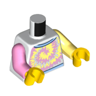 Torse, bras impairs, motif imprimé chemise cravate-dye, bras gauche jaune clair, bras droit rose vif, mains jaunes (Torso, Odd Arms, Tie-Dye Shirt Print, Left Bright Light Yellow Arm, Right Bright Pink Arm, Yellow Hands)
